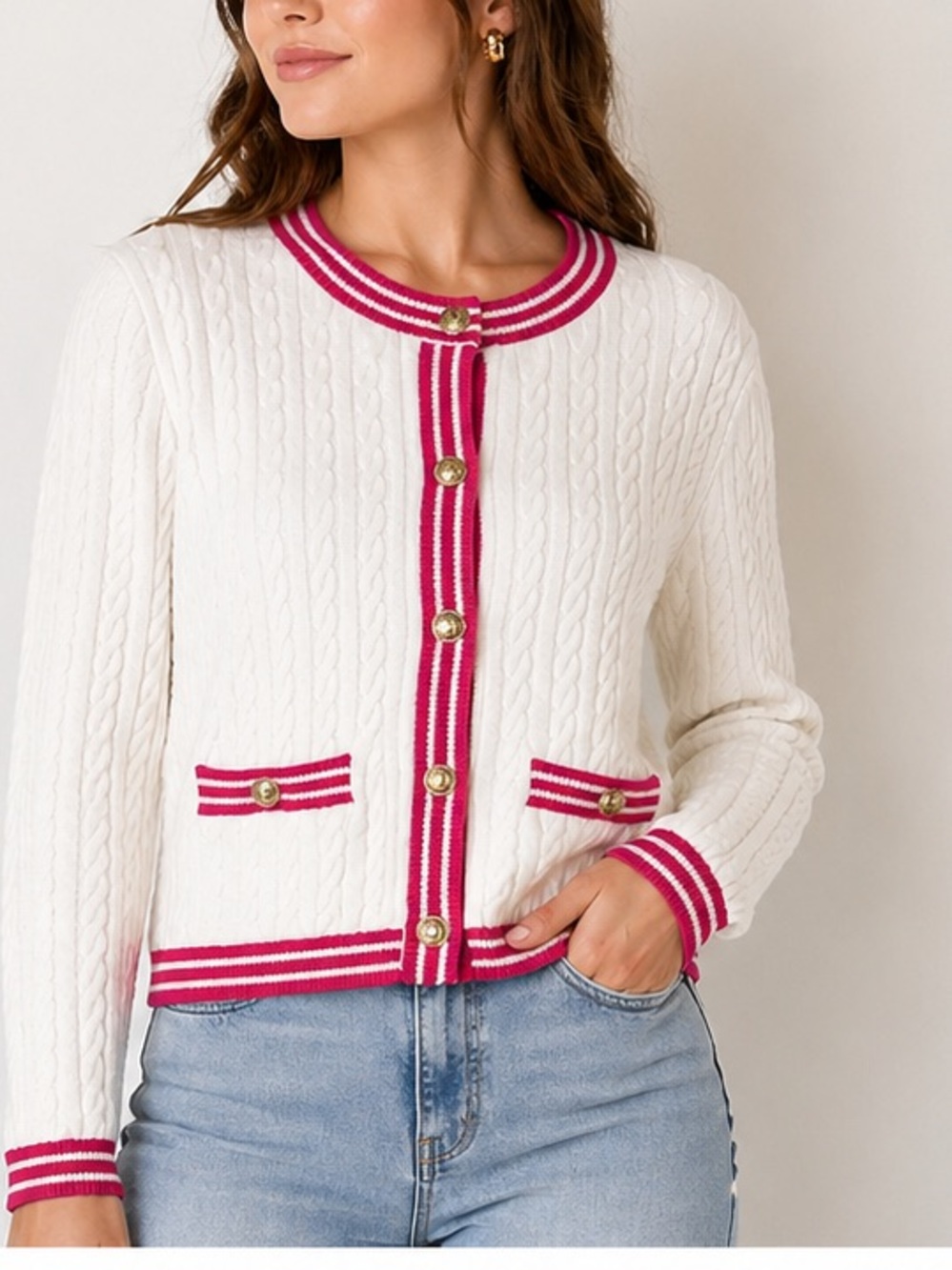 Cable Knit Cardigan Cream Pink Trim Gold Buttons Preppy Varsity Sweater Medium